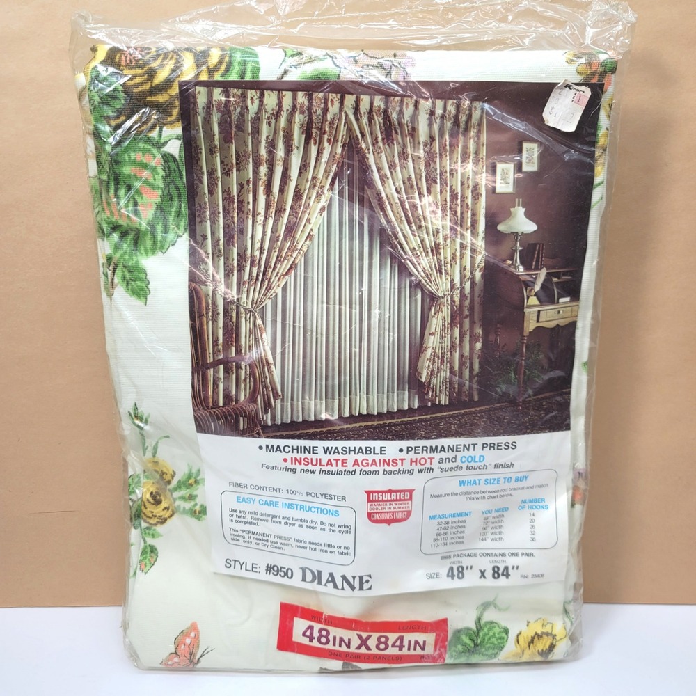 Vtg Diane Floral Insulated Curtains 48x84 White Yellow Rose Connected Pair/Hooks